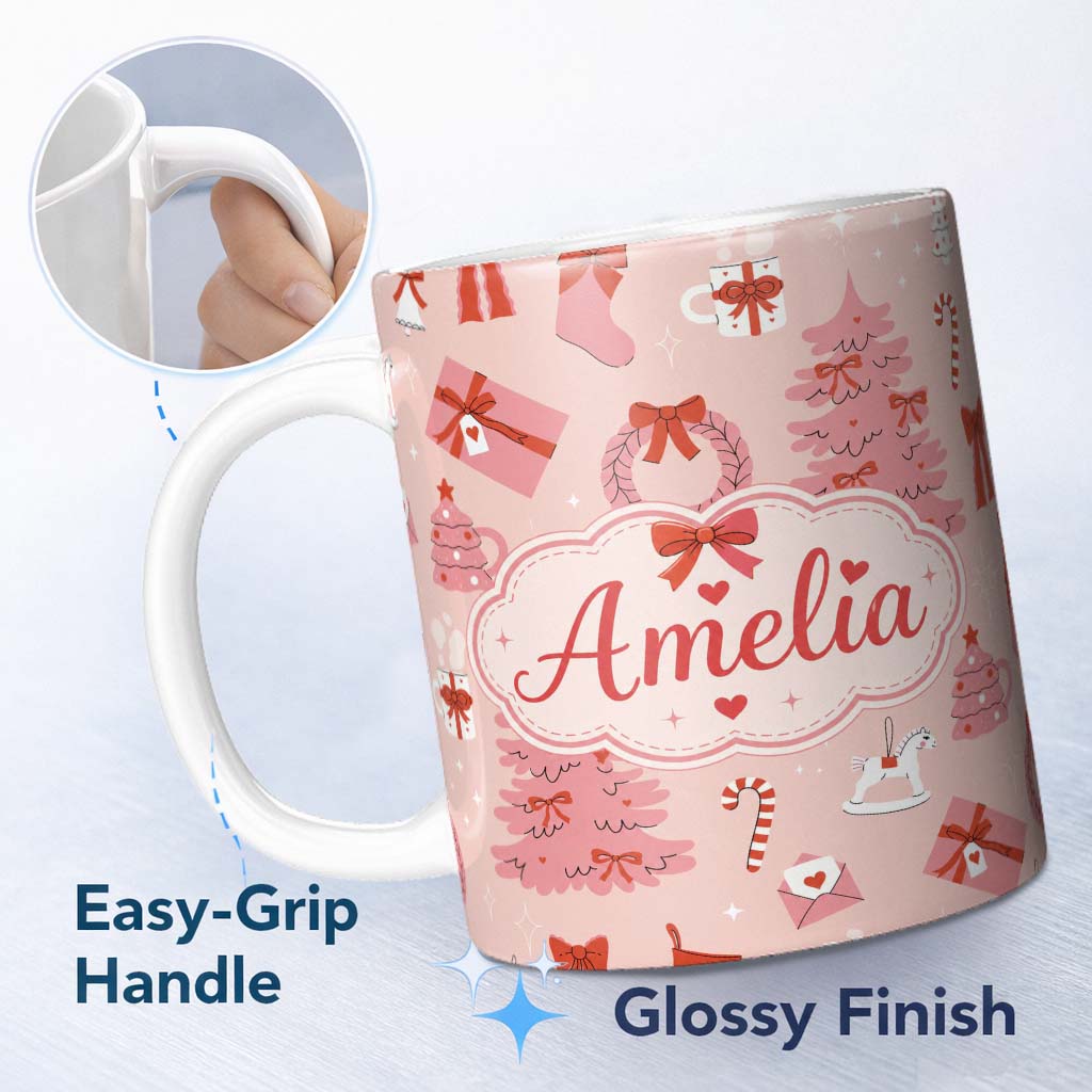 Personalized Custom Name Cute Pink Christmas Trees Gifts Candy Canes Festive Seamless Pattern 11oz Ceramic Coffee Tea Mug White Large Handle