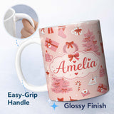 Personalized Custom Name Cute Pink Christmas Trees Gifts Candy Canes Festive Seamless Pattern 11oz Ceramic Coffee Tea Mug White Large Handle