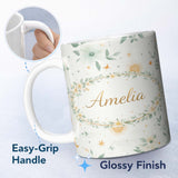 Personalized Custom Name Minimal Floral Leaves and Sun Pattern White Background Seamless 11oz Ceramic Coffee Tea Mug White Large Handle