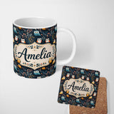 Personalized Custom Name Cute Owl Birds Decorative Leaves Seamless Pattern Name Unique Gift 11oz Ceramic Coffee Tea Mug White Large Handle