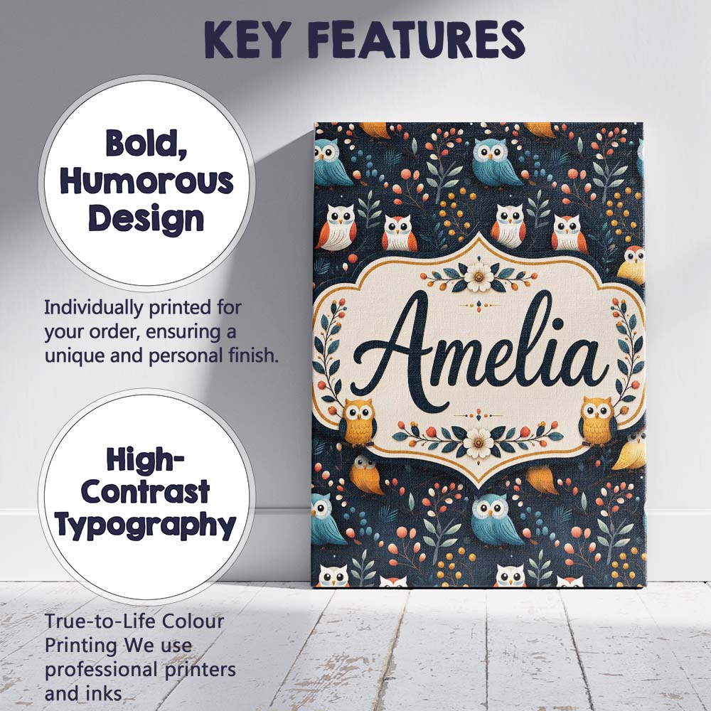 Personalised Name Cute Owl Birds Decorative Custom  Bespoke Interior Contemporary Canvas Wall Art Print Decor Picture Ready to Hang