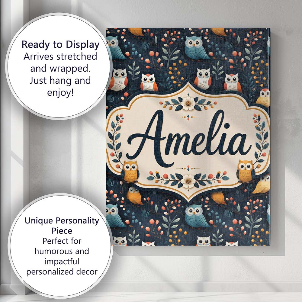 Personalised Name Cute Owl Birds Decorative Custom  Bespoke Interior Contemporary Canvas Wall Art Print Decor Picture Ready to Hang