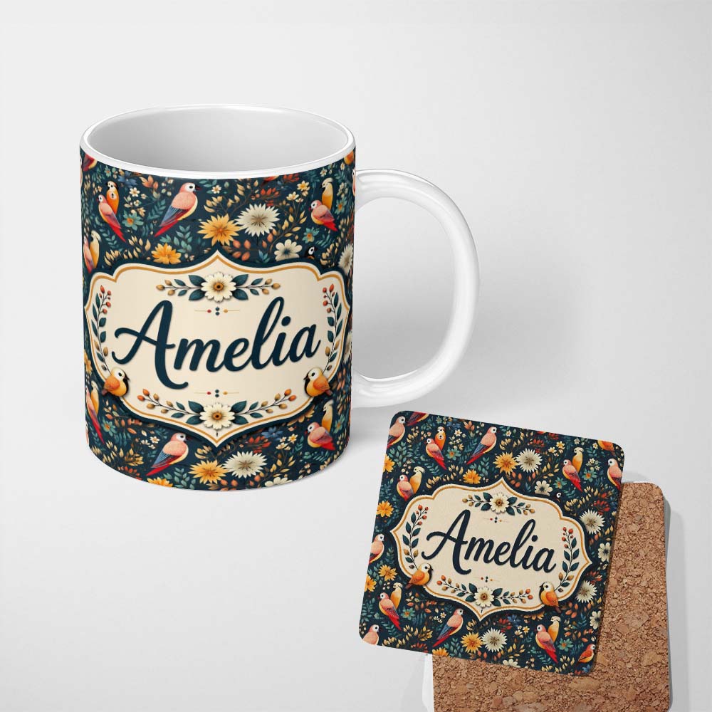 Personalized Custom Name Colorful Parrot Birds Floral Jungle Seamless Pattern Name Cute 11oz Ceramic Coffee Tea Mug White Large Handle