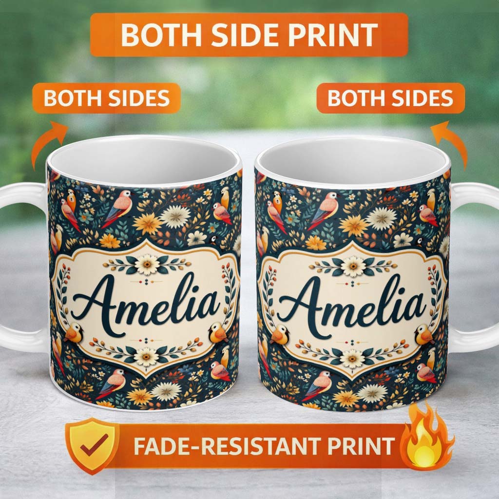 Personalized Custom Name Colorful Parrot Birds Floral Jungle Seamless Pattern Name Cute 11oz Ceramic Coffee Tea Mug White Large Handle