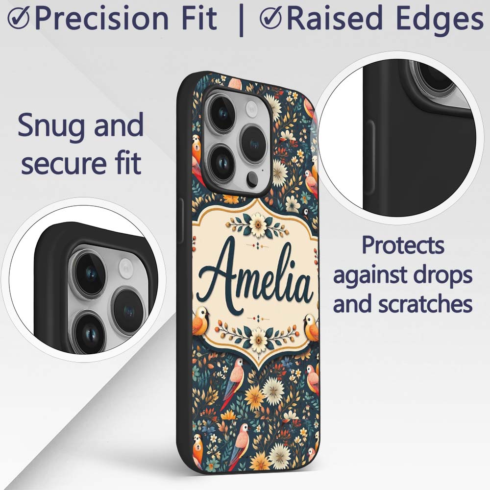 Colorful Parrot Birds Floral Jungle Seamless Custom Name Protective Phone Case Mobile Cover Durable Everyday Smartphone Shock Resistant