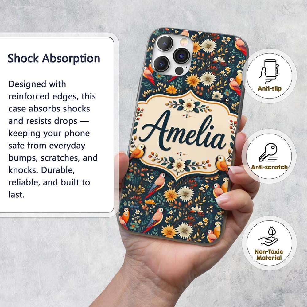 Colorful Parrot Birds Floral Jungle Seamless Custom Name Protective Phone Case Mobile Cover Durable Everyday Smartphone Shock Resistant