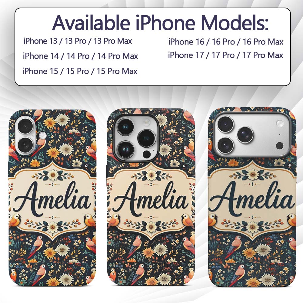 Colorful Parrot Birds Floral Jungle Seamless Custom Name Protective Phone Case Mobile Cover Durable Everyday Smartphone Shock Resistant