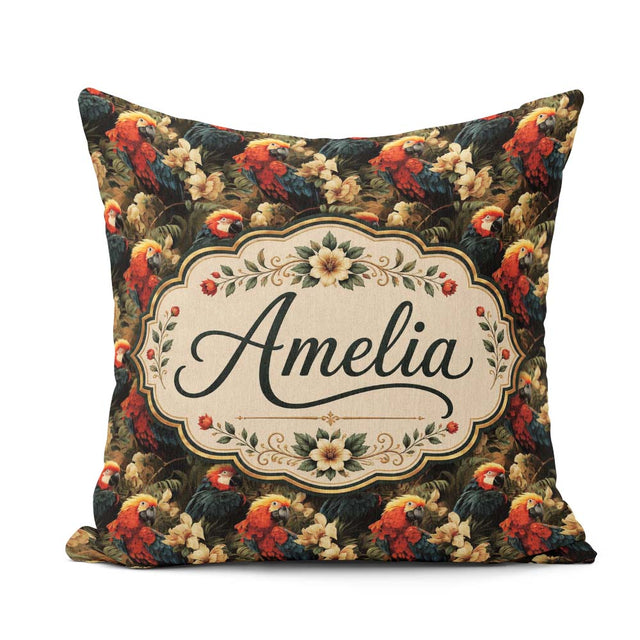 Custom Name Tropical Macaw Parrot Birds Flowers Seamless Pattern Square Filled Cushion Throw Pillow Sofa Bed Home Decor Zip Washable UK Made