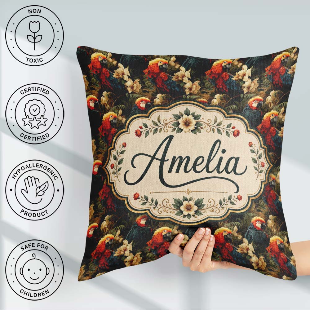 Custom Name Tropical Macaw Parrot Birds Flowers Seamless Pattern Square Filled Cushion Throw Pillow Sofa Bed Home Decor Zip Washable UK Made