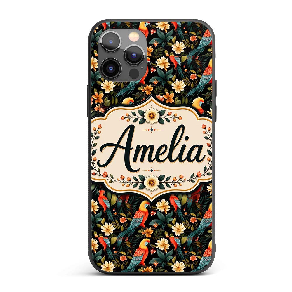 Tropical Parrot Birds and Floral Jungle Seamless Custom Name Protective Phone Case Mobile Cover Durable Everyday Smartphone Shock Resistant