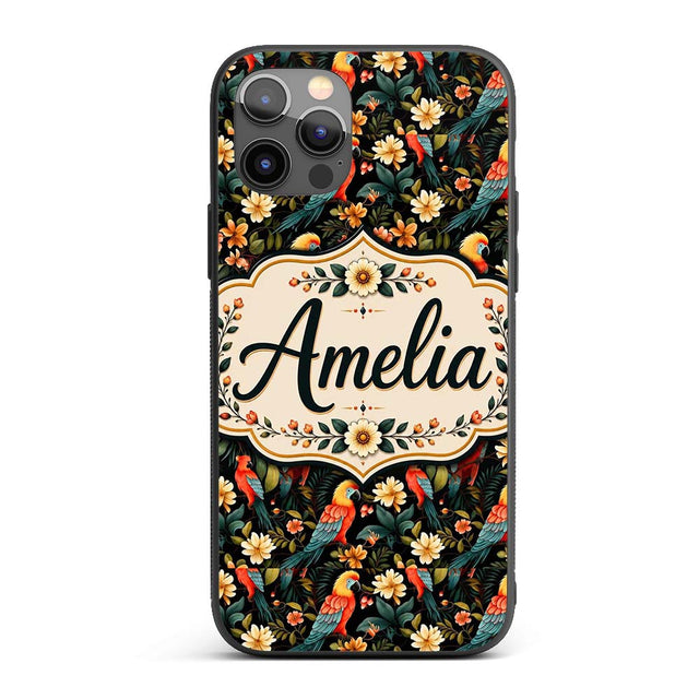 Tropical Parrot Birds and Floral Jungle Seamless Custom Name Protective Phone Case Mobile Cover Durable Everyday Smartphone Shock Resistant