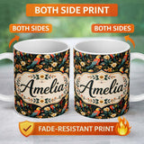 Personalized Custom Name Tropical Parrot Birds and Floral Jungle Seamless Pattern Name Cute 11oz Ceramic Coffee Tea Mug White Large Handle