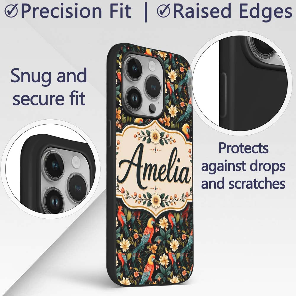 Tropical Parrot Birds and Floral Jungle Seamless Custom Name Protective Phone Case Mobile Cover Durable Everyday Smartphone Shock Resistant