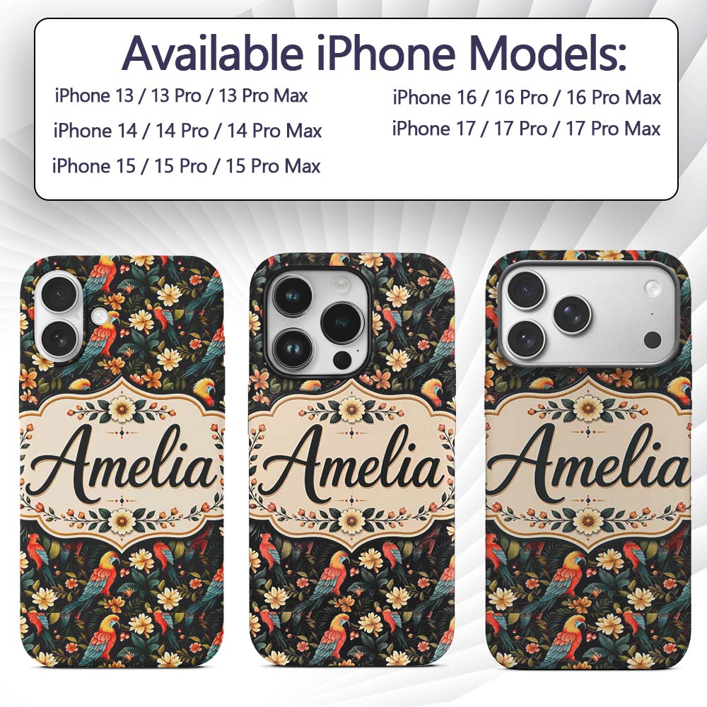 Tropical Parrot Birds and Floral Jungle Seamless Custom Name Protective Phone Case Mobile Cover Durable Everyday Smartphone Shock Resistant