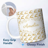 Personalized Custom Name Gold Glitter Reindeer Christmas Seamless Pattern Cute Unique Gift 11oz Ceramic Coffee Tea Mug White Large Handle