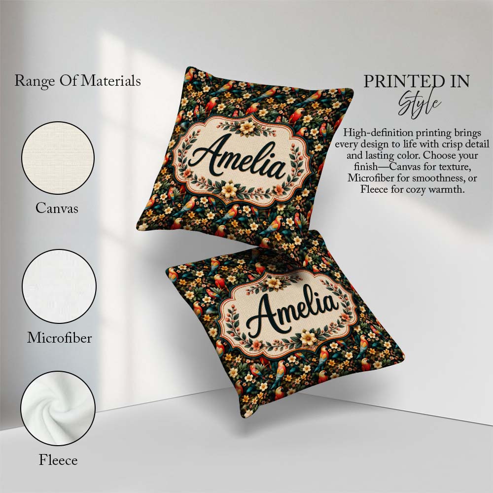 Custom Name Exotic Macaw Parrots with Flowers Seamless Name Cute Square Filled Cushion Throw Pillow Sofa Bed Home Decor Zip Washable UK Made