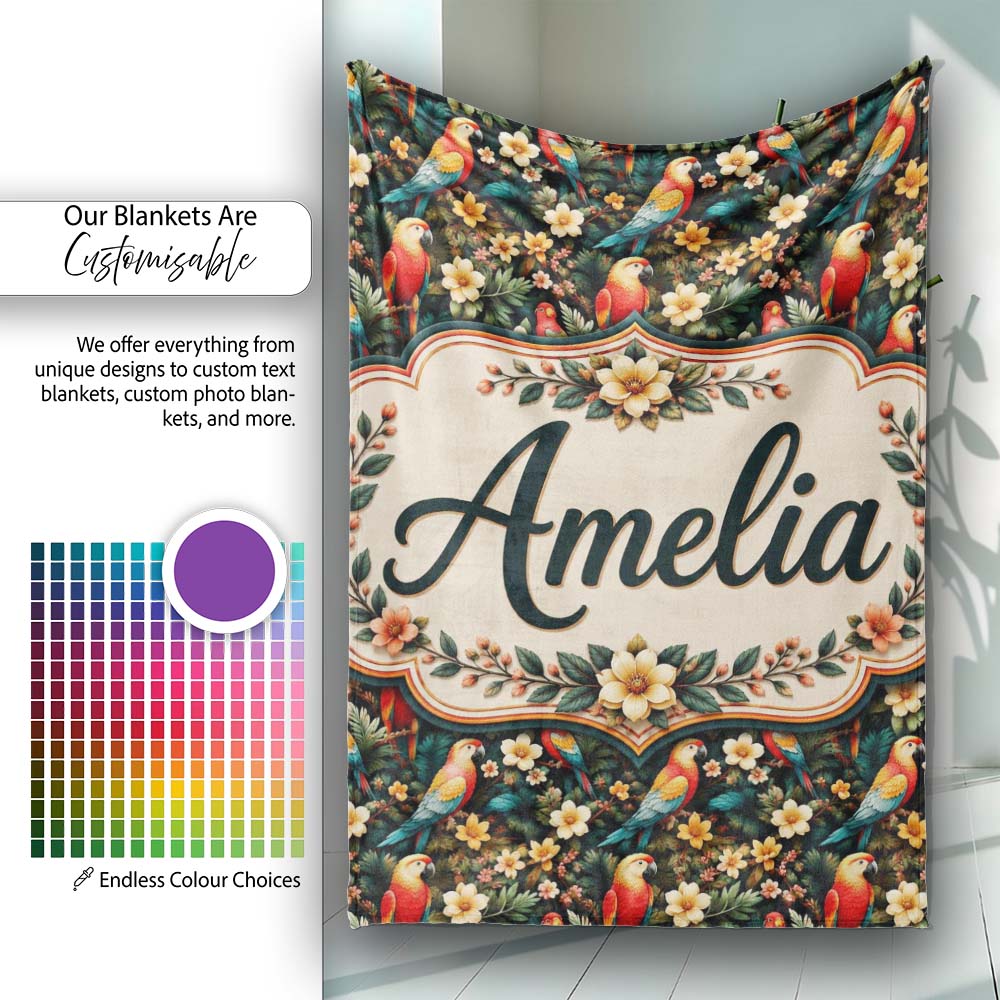 Exotic Macaw Parrots with Flowers Seamless Pattern Name Cute Unique  Personalised Custom Name Super Soft Fleece Blanket Bed Sofa Throw