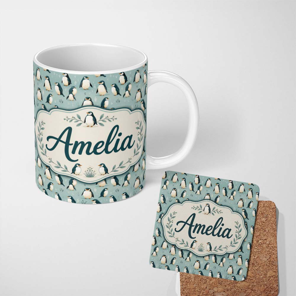 Personalized Custom Name Cute Penguin Birds Arctic Nature Seamless Pattern Name Unique Gift 11oz Ceramic Coffee Tea Mug White Large Handle