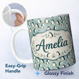 Personalized Custom Name Cute Penguin Birds Arctic Nature Seamless Pattern Name Unique Gift 11oz Ceramic Coffee Tea Mug White Large Handle