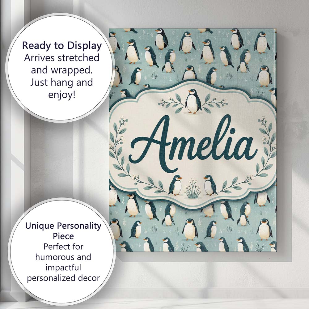 Personalised Name Cute Penguin Birds Arctic Custom  Bespoke Interior Contemporary Canvas Wall Art Print Decor Picture Ready to Hang