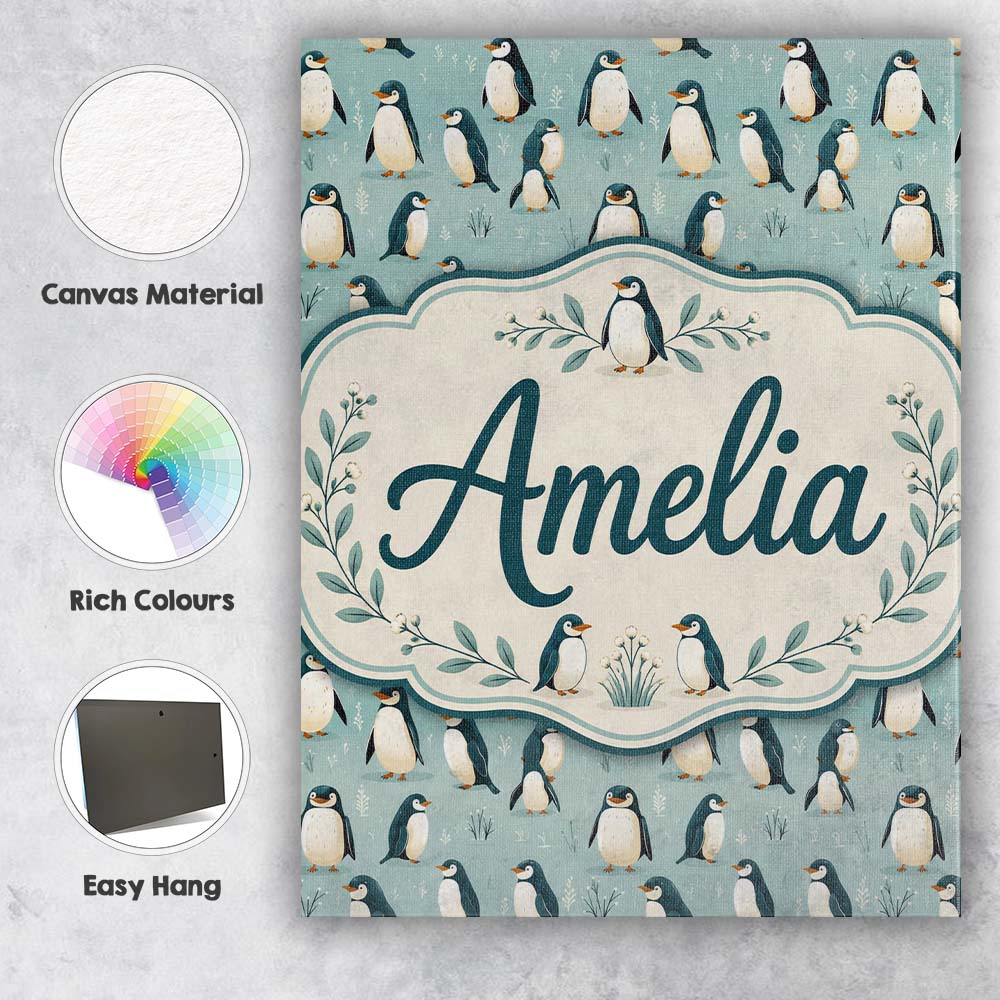 Personalised Name Cute Penguin Birds Arctic Custom  Bespoke Interior Contemporary Canvas Wall Art Print Decor Picture Ready to Hang