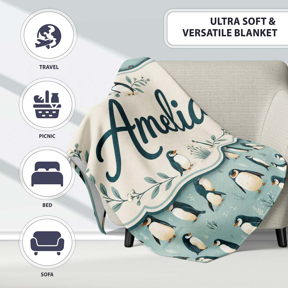 Cute Penguin Birds Arctic Nature Seamless Pattern Name Unique Gift  Personalised Custom Name Super Soft Fleece Blanket Bed Sofa Throw