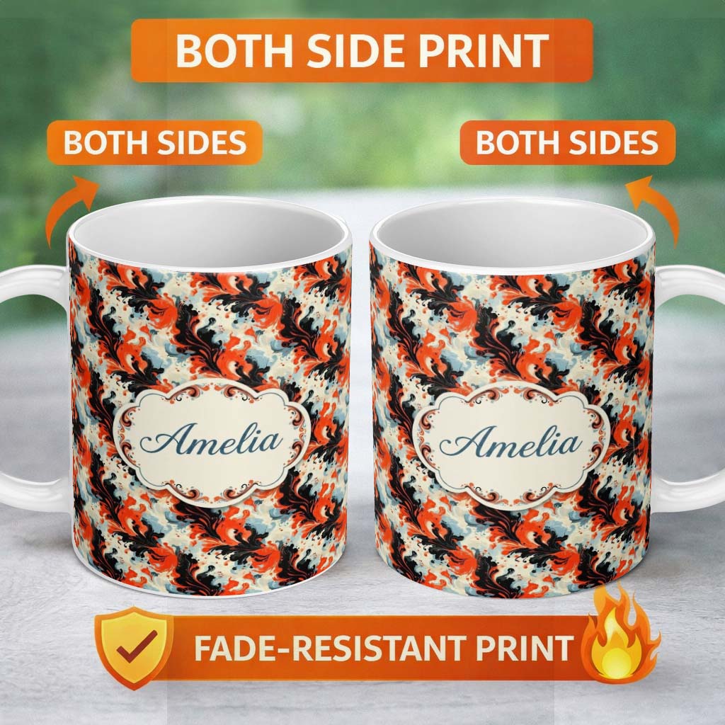Personalized Custom Name Abstract Orange Black Fluid Marble Swirl Seamless Pattern Lovely 11oz Ceramic Coffee Tea Mug White Large Handle