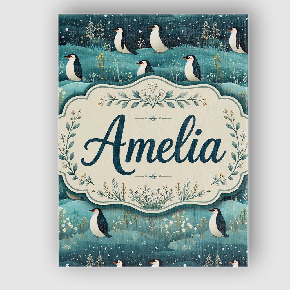 Personalised Name Penguin Birds Snowy Custom Modern Room Accent Creative Decorator Style Canvas Wall Art Print Decor Picture Ready to Hang