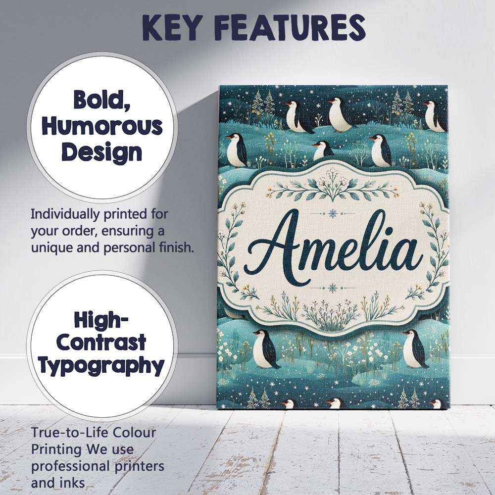 Personalised Name Penguin Birds Snowy Custom Modern Room Accent Creative Decorator Style Canvas Wall Art Print Decor Picture Ready to Hang