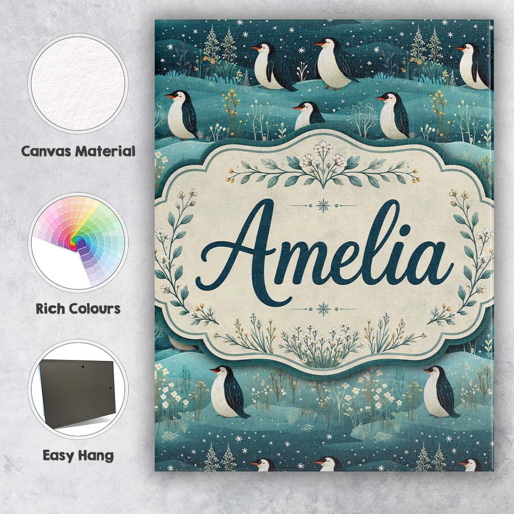 Personalised Name Penguin Birds Snowy Custom Modern Room Accent Creative Decorator Style Canvas Wall Art Print Decor Picture Ready to Hang
