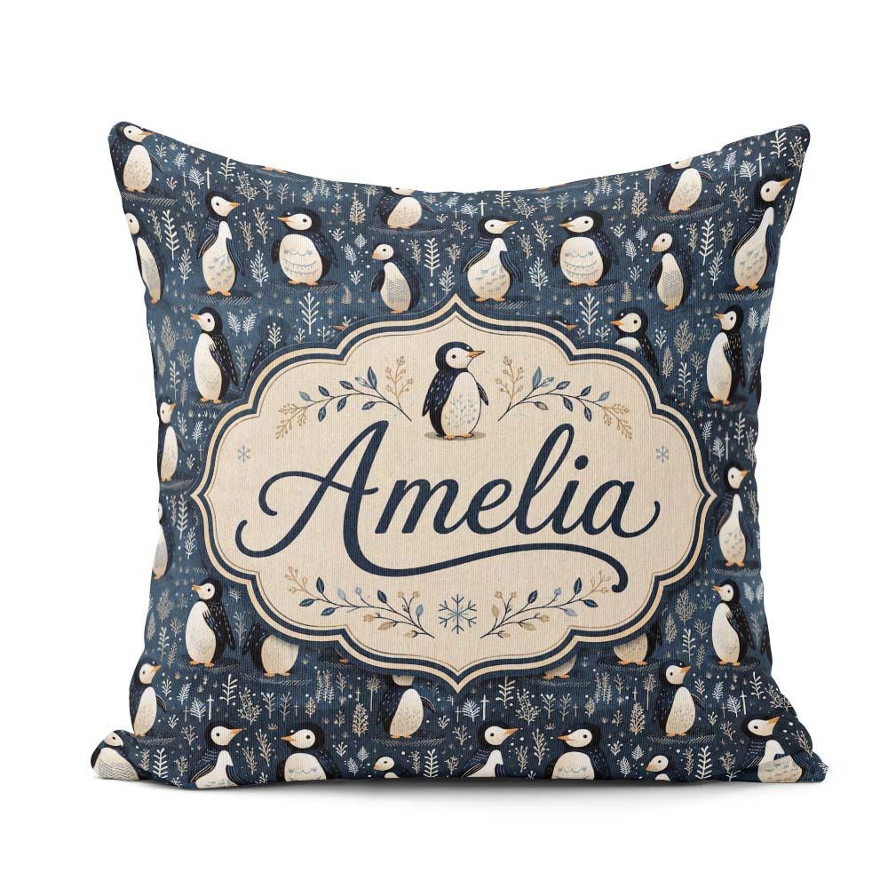 Custom Name Adorable Penguin Birds Blue Winter Pattern Name Cute Square Filled Cushion Throw Pillow Sofa Bed Home Decor Zip Washable UK Made