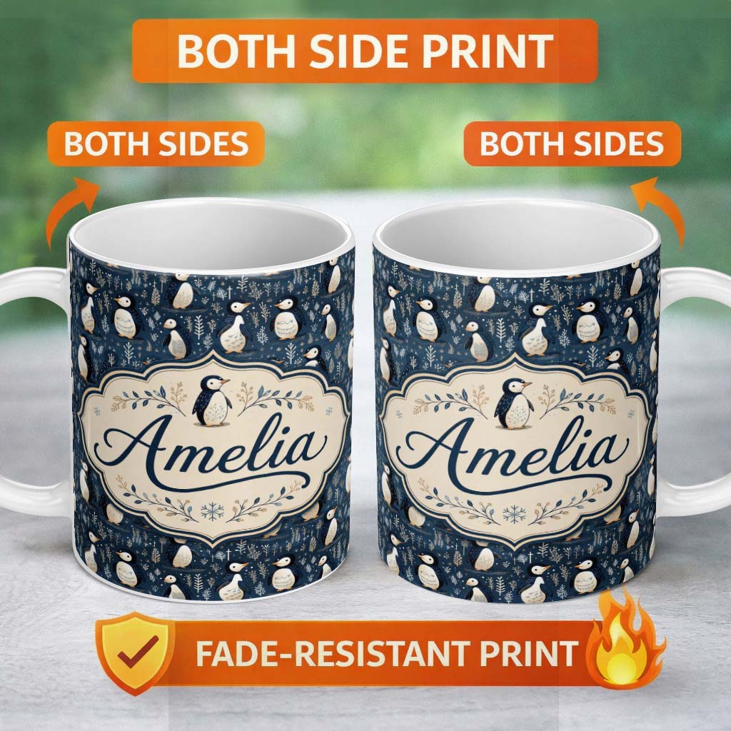 Personalized Custom Name Adorable Penguin Birds Blue Winter Seamless Pattern Name Cute 11oz Ceramic Coffee Tea Mug White Large Handle