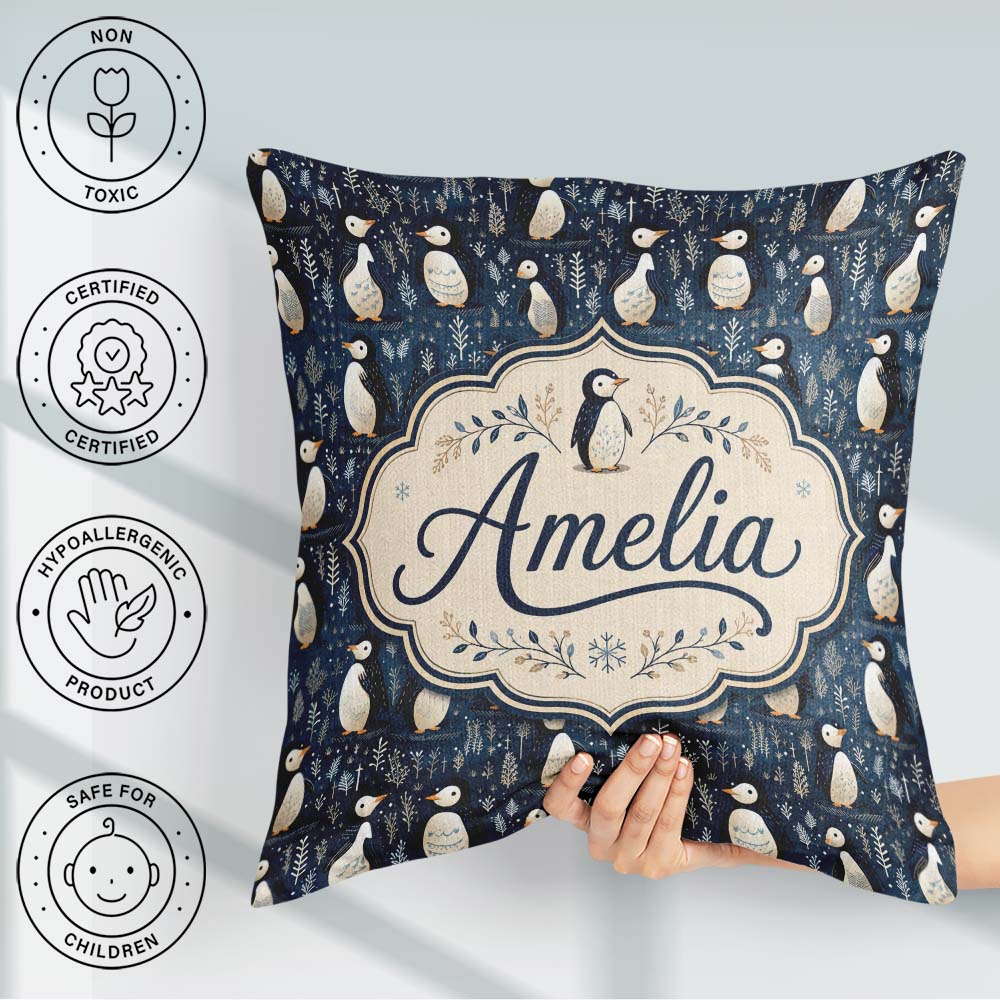 Custom Name Adorable Penguin Birds Blue Winter Pattern Name Cute Square Filled Cushion Throw Pillow Sofa Bed Home Decor Zip Washable UK Made