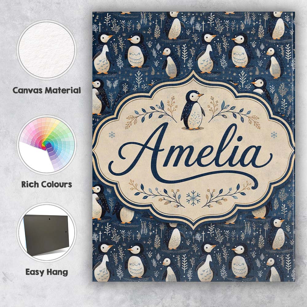 Personalised Name Adorable Penguin Birds Custom  Unique Gift Idea Elegant Feature Canvas Wall Art Print Decor Picture Ready to Hang