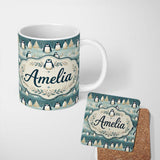 Personalized Custom Name Penguin Birds Cute Winter Forest Seamless Pattern Name Unique Gift 11oz Ceramic Coffee Tea Mug White Large Handle