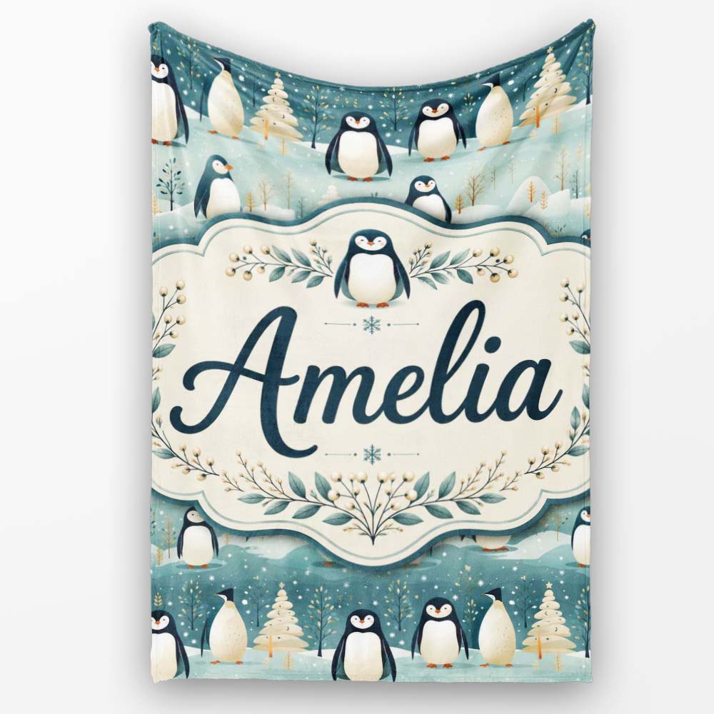 Penguin Birds Cute Winter Forest Seamless Pattern Name Unique Gift  Personalised Custom Name Super Soft Fleece Blanket Bed Sofa Throw