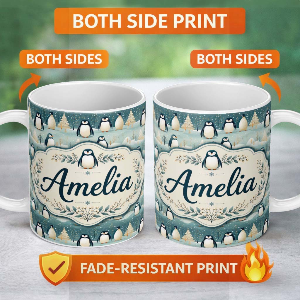 Personalized Custom Name Penguin Birds Cute Winter Forest Seamless Pattern Name Unique Gift 11oz Ceramic Coffee Tea Mug White Large Handle