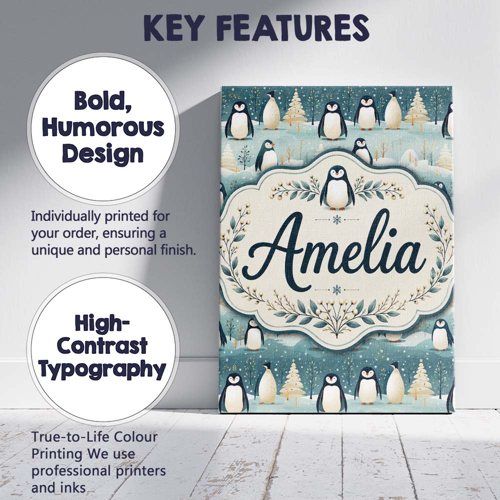 Personalised Name Penguin Birds Cute Winter Custom  Bespoke Interior Contemporary Canvas Wall Art Print Decor Picture Ready to Hang