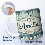 Personalized Custom Name Penguin Birds Cute Winter Forest Seamless Pattern Name Unique Gift 11oz Ceramic Coffee Tea Mug White Large Handle