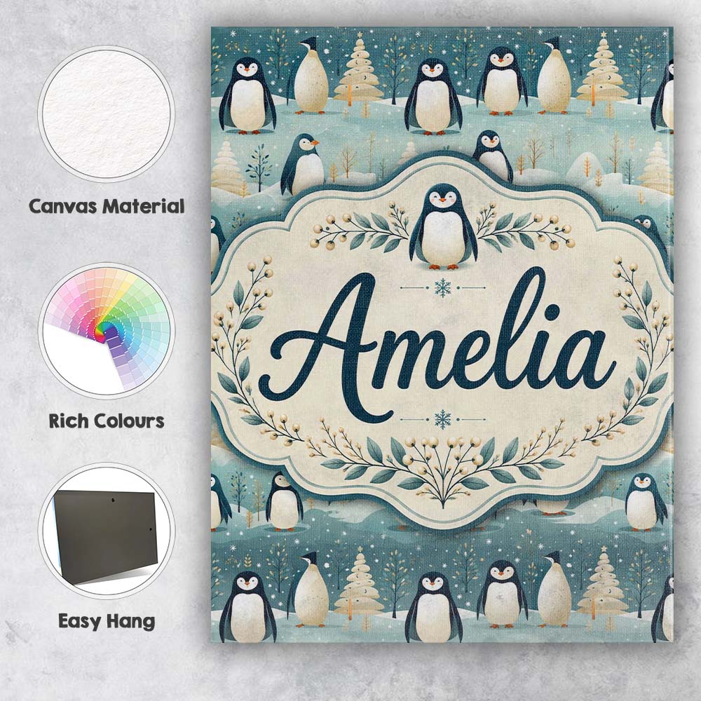 Personalised Name Penguin Birds Cute Winter Custom  Bespoke Interior Contemporary Canvas Wall Art Print Decor Picture Ready to Hang