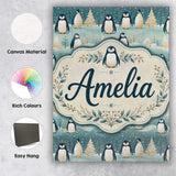 Personalised Name Penguin Birds Cute Winter Custom  Bespoke Interior Contemporary Canvas Wall Art Print Decor Picture Ready to Hang