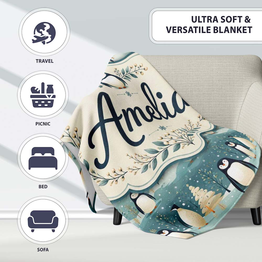 Penguin Birds Cute Winter Forest Seamless Pattern Name Unique Gift  Personalised Custom Name Super Soft Fleece Blanket Bed Sofa Throw