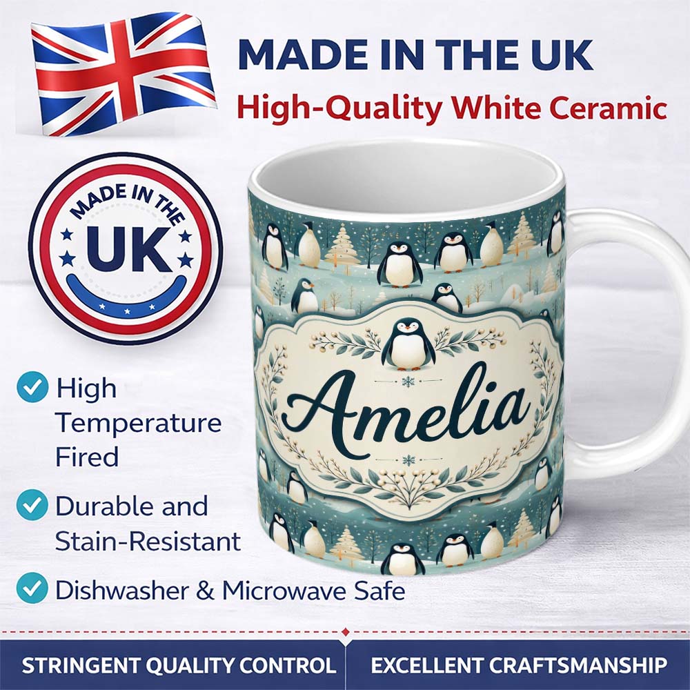 Personalized Custom Name Penguin Birds Cute Winter Forest Seamless Pattern Name Unique Gift 11oz Ceramic Coffee Tea Mug White Large Handle