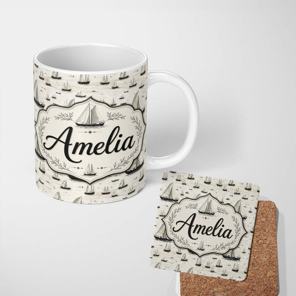 Personalized Custom Name Vintage Sailing Boats Ocean Seamless Pattern Name Cute Unique Gift 11oz Ceramic Coffee Tea Mug White Large Handle