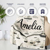 Vintage Sailing Boats Ocean Seamless Pattern Name Cute Unique Gift  Personalised Custom Name Super Soft Fleece Blanket Bed Sofa Throw