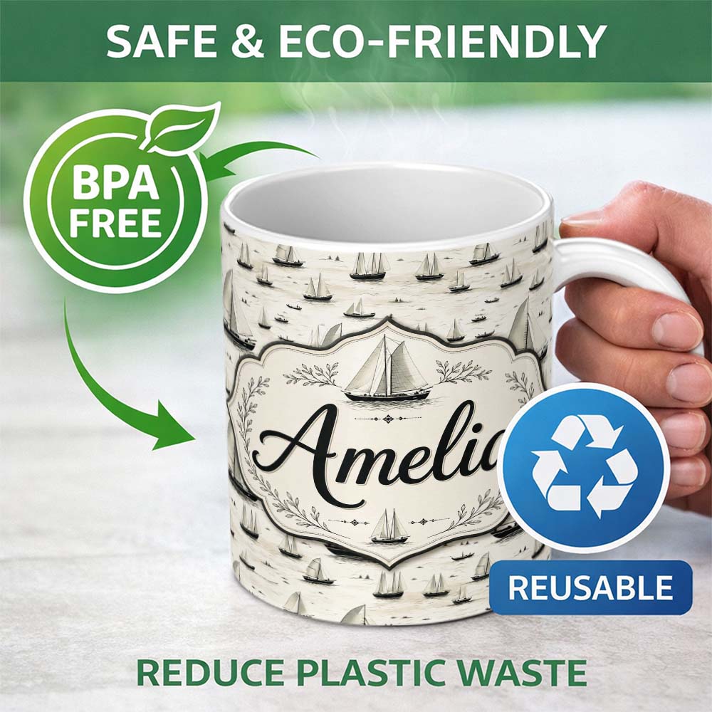 Personalized Custom Name Vintage Sailing Boats Ocean Seamless Pattern Name Cute Unique Gift 11oz Ceramic Coffee Tea Mug White Large Handle