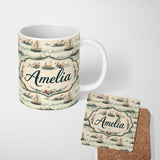 Personalized Custom Name Classic Sailing Ships Sea Waves Seamless Pattern Name Cute Unique 11oz Ceramic Coffee Tea Mug White Large Handle