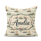 Custom Name Classic Sailing Ships Sea Seamless Pattern Name Cute Square Filled Cushion Throw Pillow Sofa Bed Home Decor Zip Washable UK Made