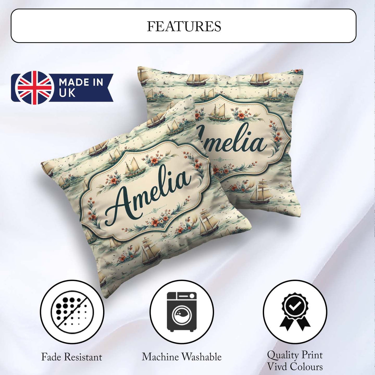 Custom Name Classic Sailing Ships Sea Seamless Pattern Name Cute Square Filled Cushion Throw Pillow Sofa Bed Home Decor Zip Washable UK Made