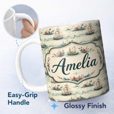 Personalized Custom Name Classic Sailing Ships Sea Waves Seamless Pattern Name Cute Unique 11oz Ceramic Coffee Tea Mug White Large Handle
